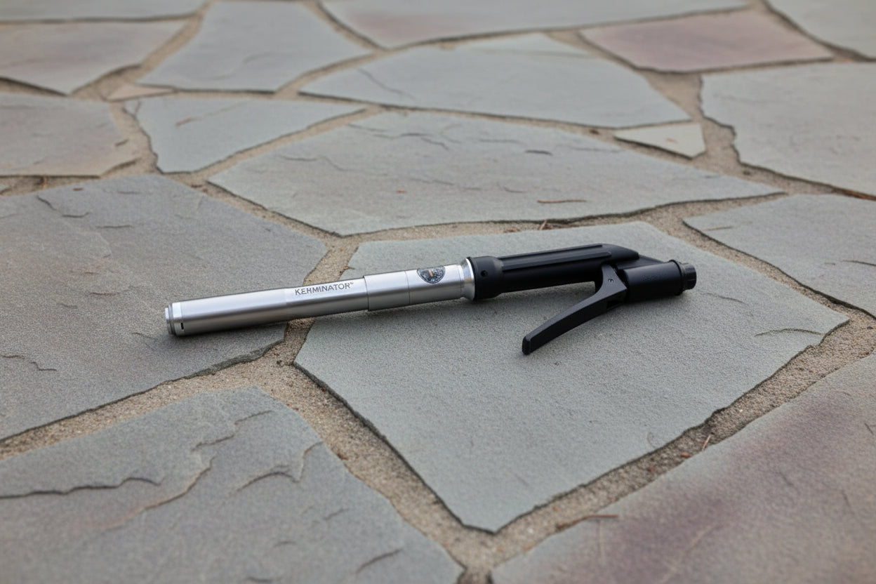 top down view of the Kerminator hand valve and pump on textured outdoor surface